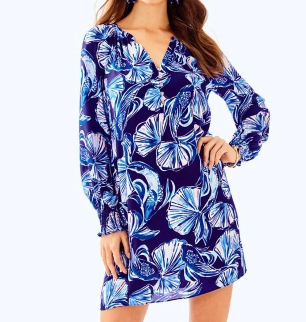 Lilly Pulitzer Brynle Long Sleeve Shift Dress Reel Life Blue Size XL NWOT